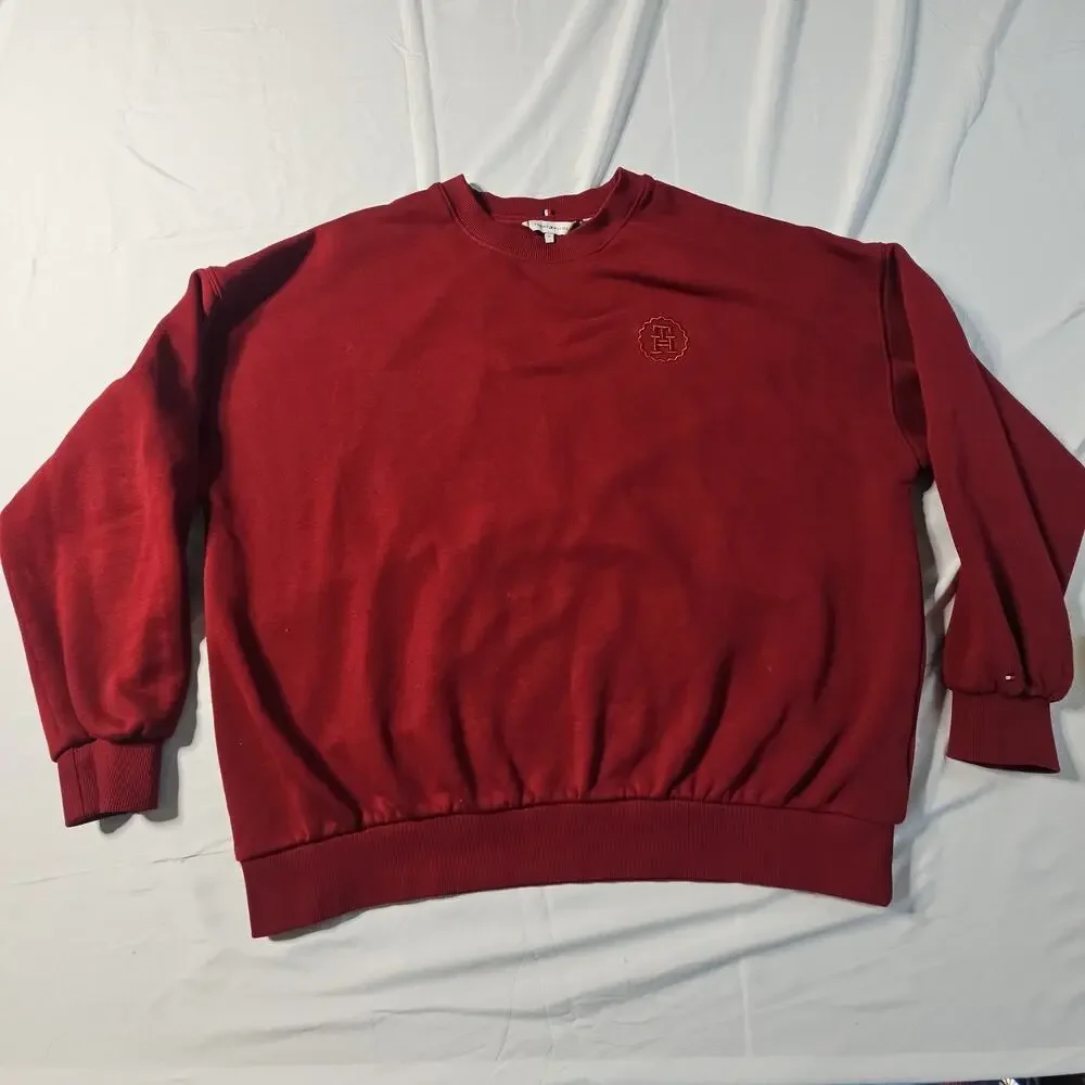 Tommy Hilfiger Mens Crewneck Sweatshirt Burgundy TH Monogram Crest Logo Medium